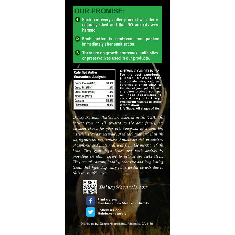 Deluxe Naturals antler product promise, guaranteed analysis, and chewing guidelines