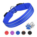 Blue reflective dog collar with key features highlighted