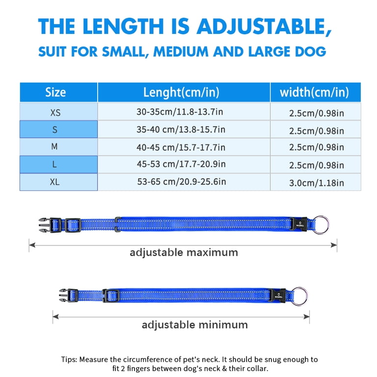 Dog collar size chart XS to XL