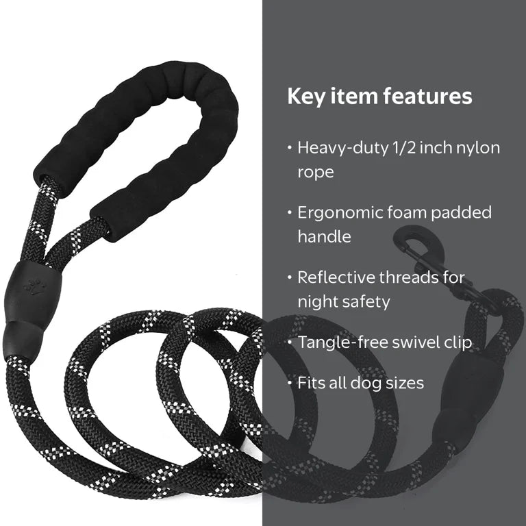 Black rope dog leash full view