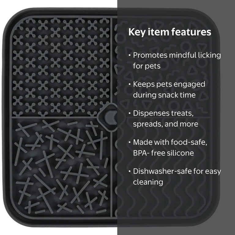 Slow Down Mealtime infographic showing licking mat features