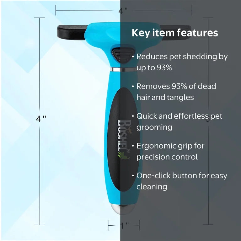 Woman grooming golden retriever with deshedding brush at home