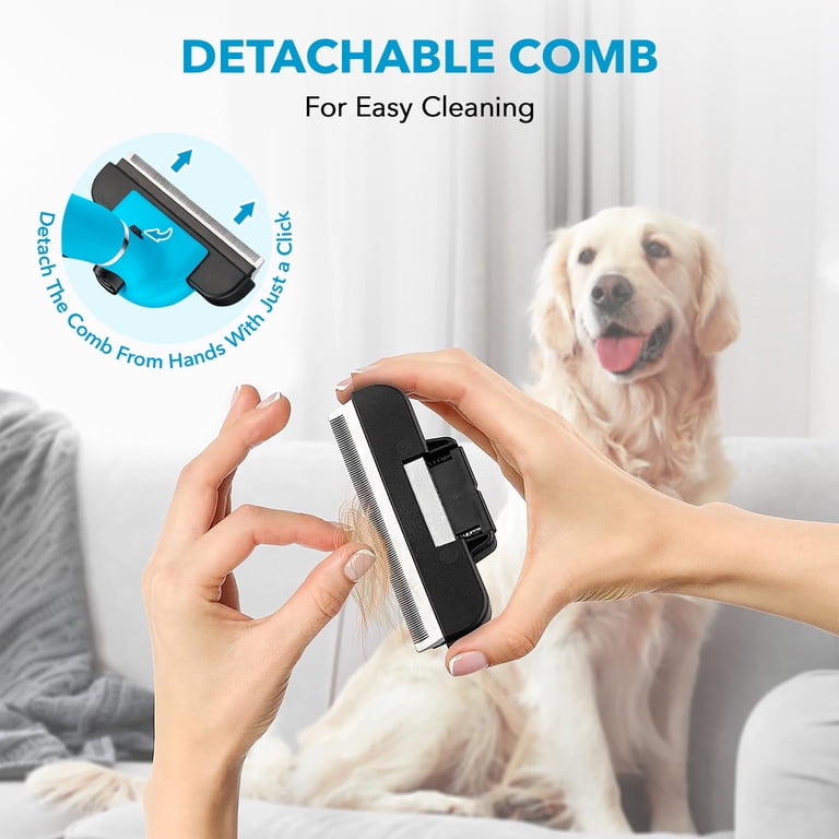 Deshedding brush features: non-slip handle, push button, stainless steel comb