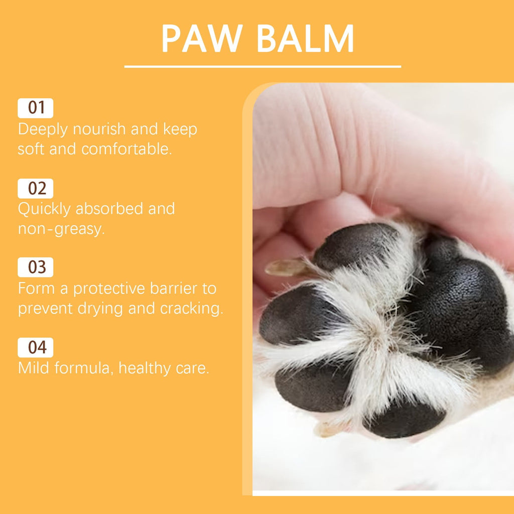 Paw balm 4 key benefits infographic - nourish, absorb, protect, mild formula