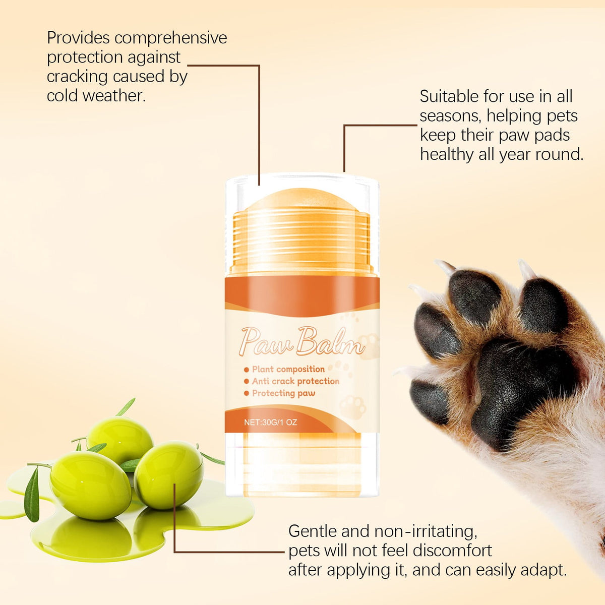 Paw balm all-season protection and olive oil ingredients callout