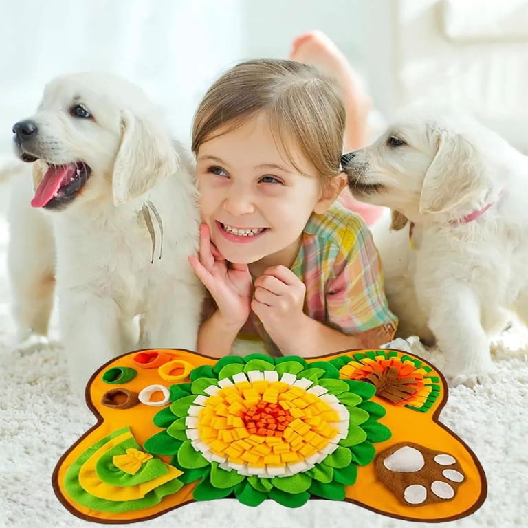 Girl smiling with two golden retrievers and snuffle mat lifestyle shot