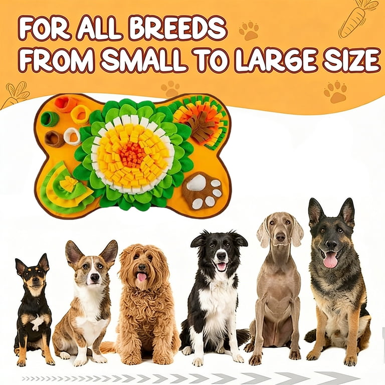 Snuffle mat for all breeds from small to large size with 6 dog breeds shown