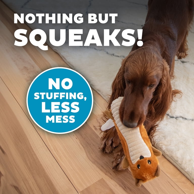Beautiful Irish setter posing with Outward Hound fox squeaker toy on white rug