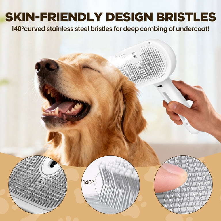 One-click hair removal release button on grooming brush with border collie and ragdoll cat