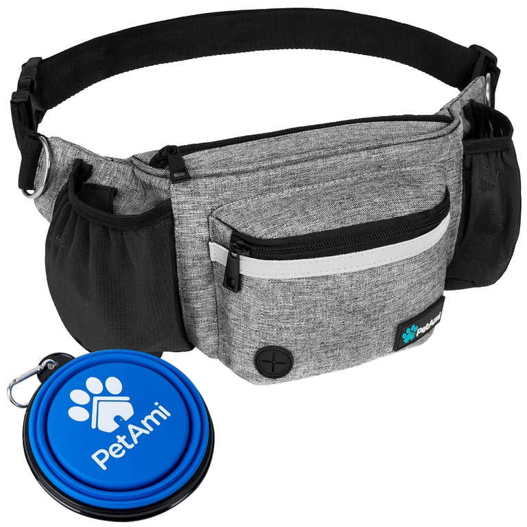 PetAmi fanny pack open showing fanny pack x1 and pet bowl x1 included, large inner compartments for treats toys and valuables