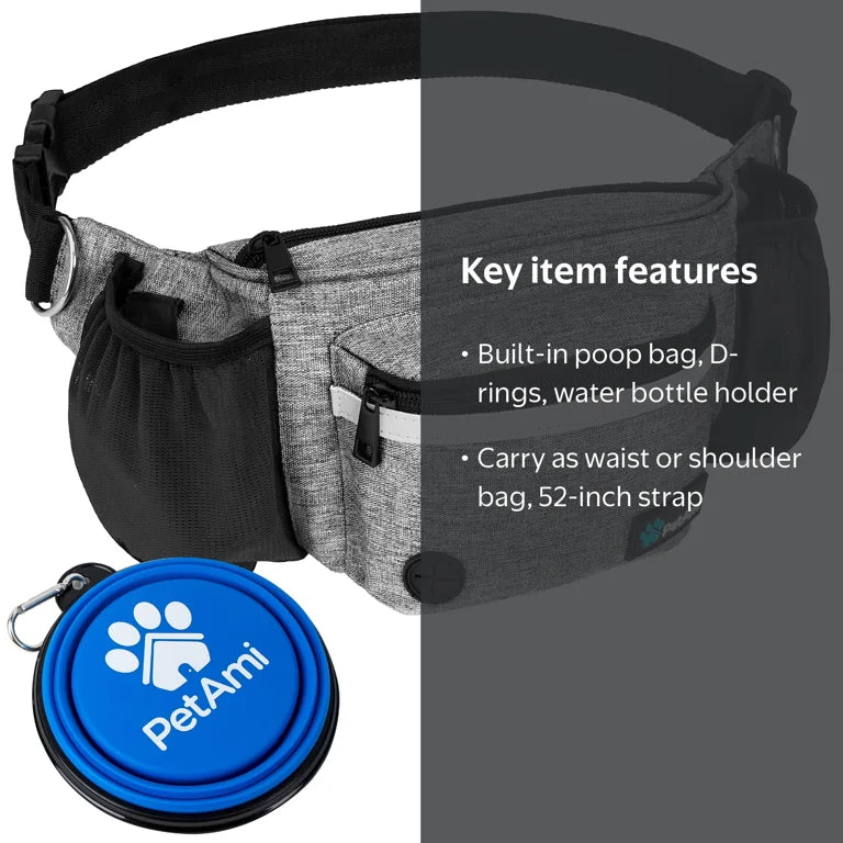 PetAmi fanny pack features - large inner compartment with mesh pocket, two mesh bottle pockets, poop bag dispenser, compartment for used poop bags