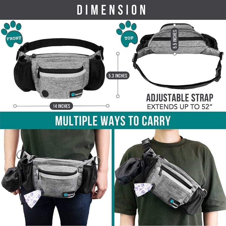 PetAmi fanny pack in 8 colors - grey, teal, purple, pink, navy, camo, black hanging on fence