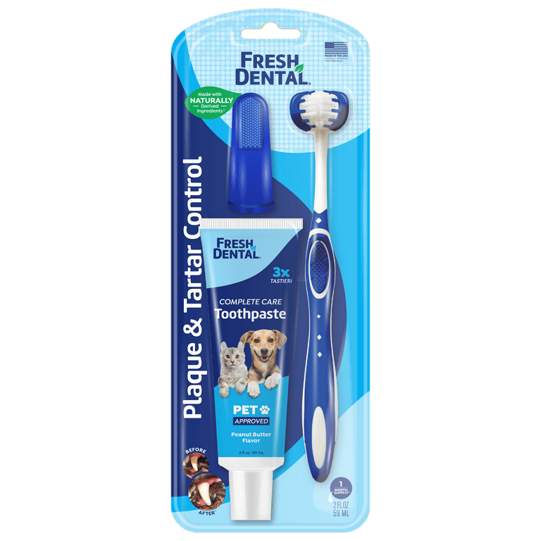 Fresh Dental toothpaste back label - pet approved, destroys 99.9% bad breath bacteria, dog and cat weight dosage chart