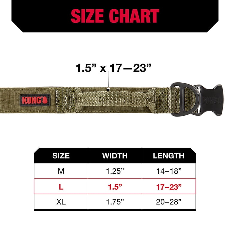 KONG collar size chart showing Medium Large and Extra Large measurements