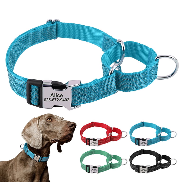 Reflective martingale dog collars in black, red, green and blue with engraved metal buckles