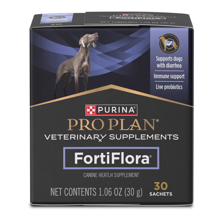 Purina Pro Plan FortiFlora dog probiotic supplement box containing 30 sachets