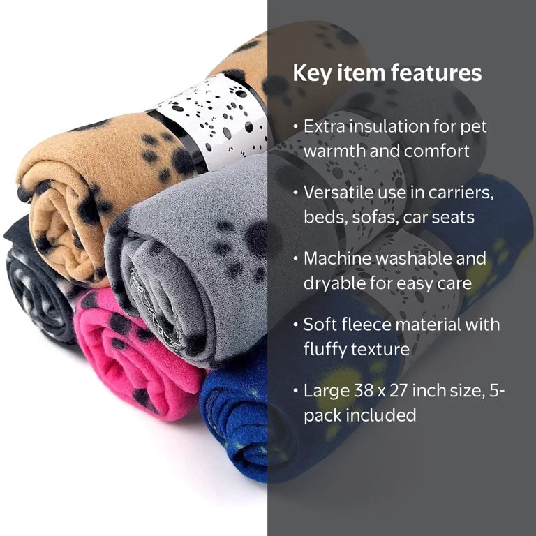 Paw print blankets in blue, khaki, pink and gray
